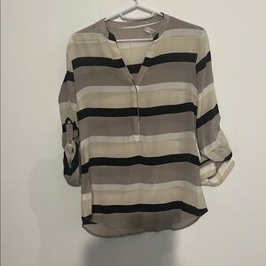 Silk Banana Republic Black and Tan Striped Button Down Shirt